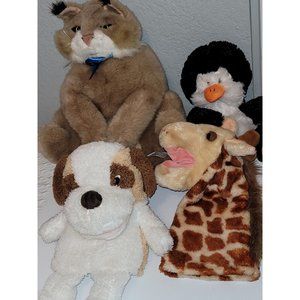Lot Hand Puppets Folkmanis Large Bobcat 15” Realistic Giraffe Penguin Dog Vintag